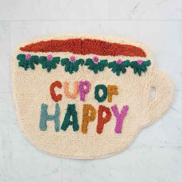 Natural Life Cotton Shaggy Bath Mat Cup of Happy Crean Multi Coffee Print OS NWT - Picture 1 of 10